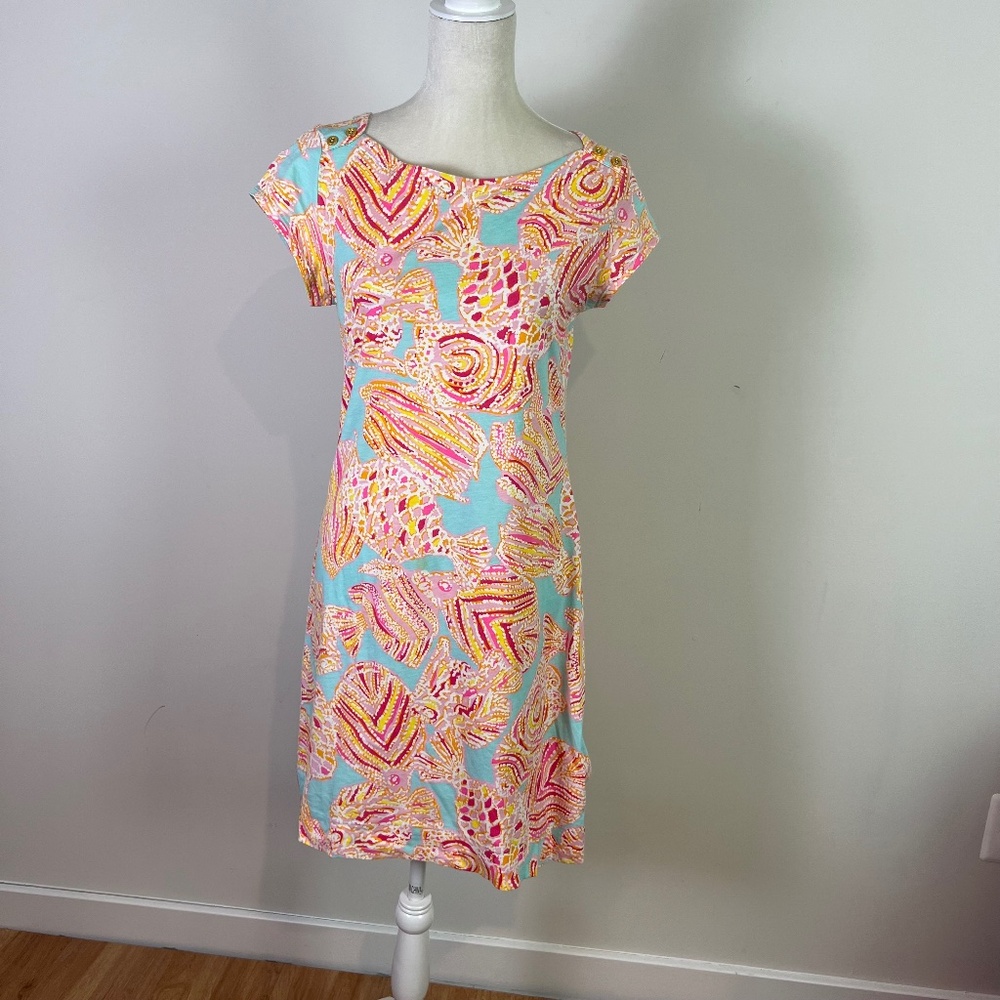 Lilly Pulitzer Women’s Aqua Pink Orange Fish Short Sleeve Mini Dress